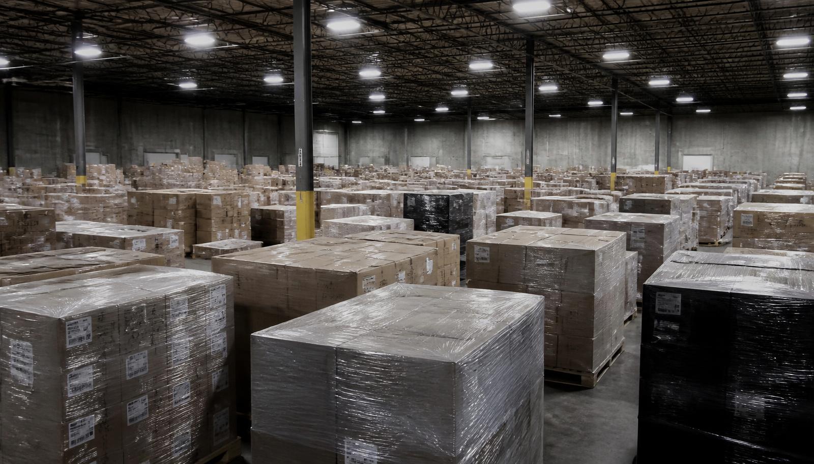 Warehouse filled with wrapped pallets