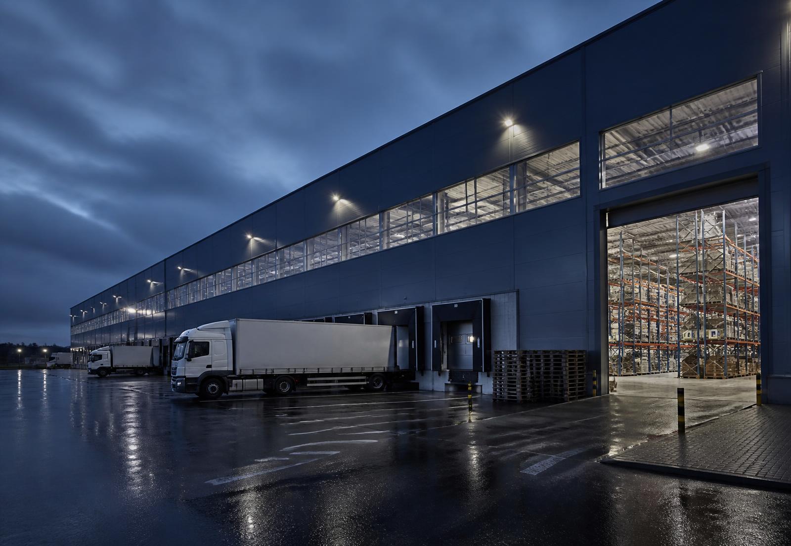 European logistics centre with trucks at loading docks